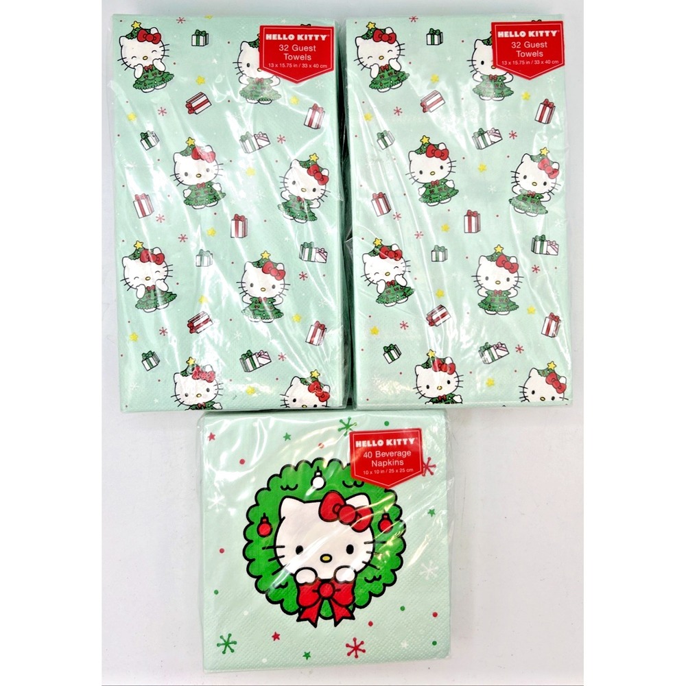 Hello Kitty Christmas Napkins Towels Wreath Turquoise Holiday 40/32 Lot Of 3